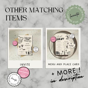May include: A set of printable wedding stationery featuring a black and white illustration of a couple with the text "Millie and Jacob We're Engaged!" and a menu card with the text "Let's eat MENU".
