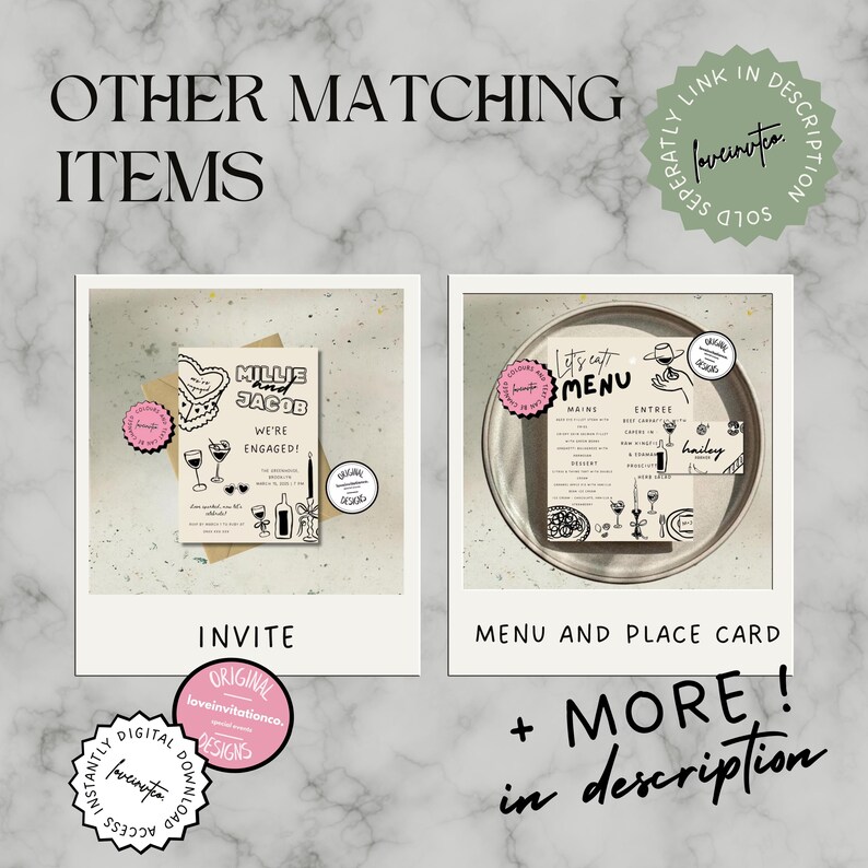 May include: A set of printable wedding stationery featuring a black and white illustration of a couple with the text "Millie and Jacob We're Engaged!" and a menu card with the text "Let's eat MENU".