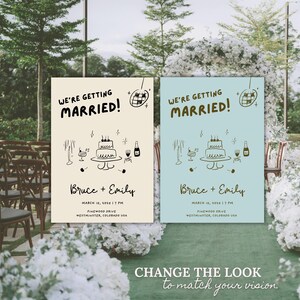Puede incluir: Dos carteles de anuncio de boda, uno crema y otro azul claro, con el texto "WE'RE GETTING MARRIED!" y los nombres "Bruce + Emily". Cada cartel incluye una tarta, champ&aacute;n y la fecha de la boda.