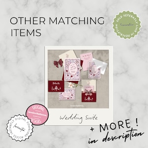 May include: A collection of wedding stationery, including invitations and detail cards, in shades of burgundy and pink. The design features floral and heart motifs, with the text "Wedding Suite" and "More in description".