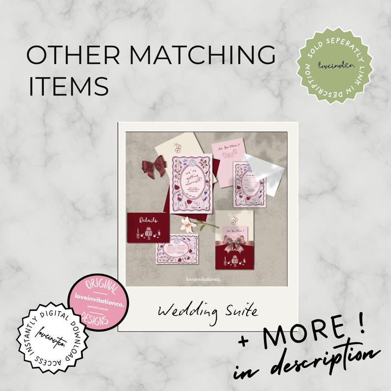 May include: A collection of wedding stationery, including invitations and detail cards, in shades of burgundy and pink. The design features floral and heart motifs, with the text "Wedding Suite" and "More in description".