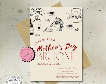 Handritad mall för mors dagsbrunch, redigerbara inbjudningar, utskrivbara frukostinbjudningar för mammor, brunchbjudningar för mammor,