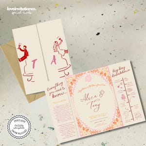 May include: Wedding invitation suite with a cream background. The invitation features a stylized illustration of a couple toasting, with the letters "T" and "A". The invitation includes the text "Everything you need to know..." and "Big Day Breakdown".