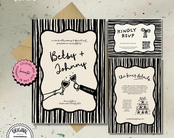 Editable Wedding Invitation Suite ,Printable Invitation Template ,Unique Invite, Digital Invitation, Striped  Invite , Hand Drawn Invite 6s