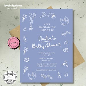 Sjabloon afdrukbare babyshoweruitnodiging Handgetekende babyshower grillige babybrunch bewerkbare genderneutrale digitale uitnodiging
