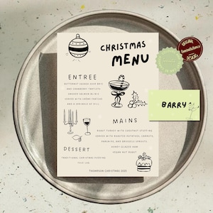 Modelo de cartão de menu de Natal, modelo de cartão de menu divertido de Ano Novo, cartão de menu de Natal desenhado à mão para impressão, menu de jantar de feriado editável para download