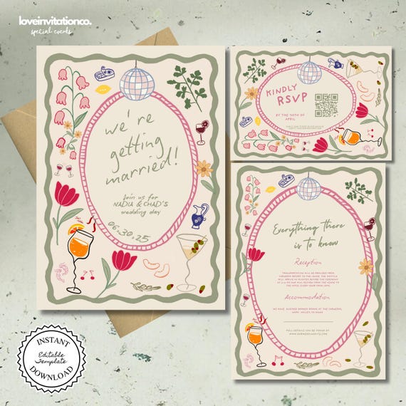 Editable Floral Wedding Invitation Template, Printable Invitation Suite, Unique Invite, Digital Boho Invitation, Whimsical Invitations 05