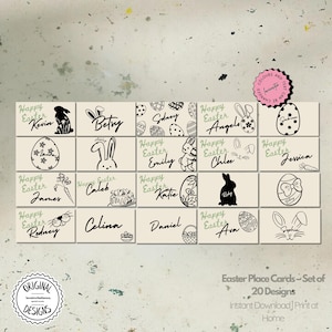 Plantilla imprimible de tarjetas de nombre de lugar de Pascua, etiquetas de nombre de Pascua personalizadas, decoración de mesa de Pascua de primavera, tarjeta de nombre de huevo de conejito de Pascua