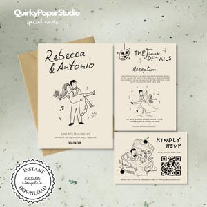 Modello di invito di nozze disegnato a mano, suite di nozze stravagante, modello Canva modificabile, invito illustrato unico, download immediato 4c