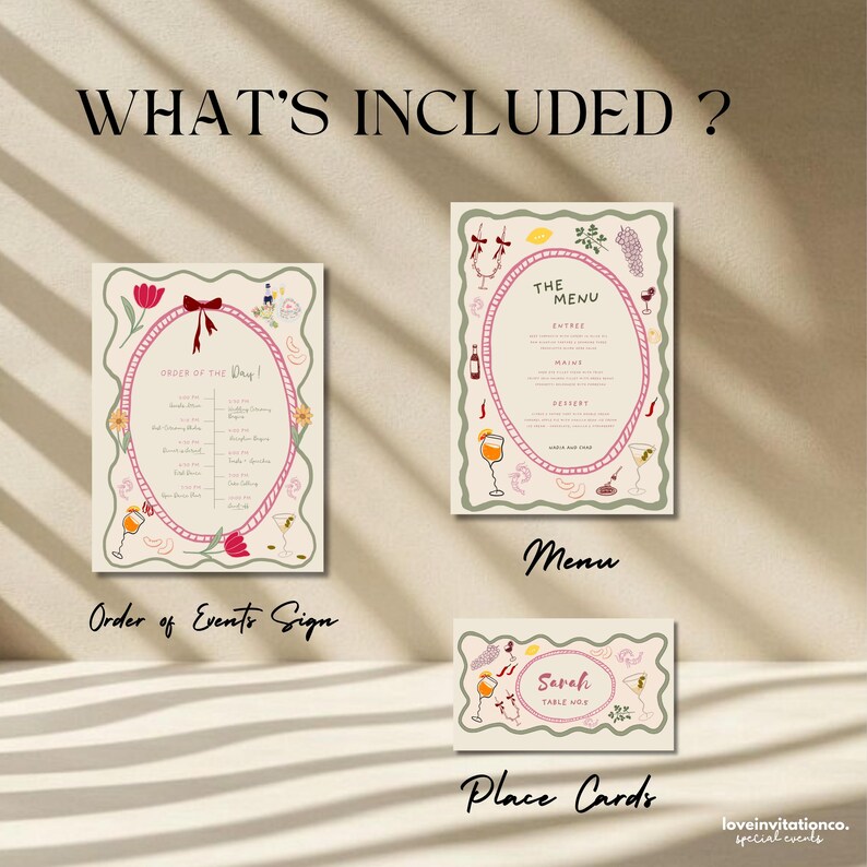 May include: A set of wedding stationery includes an order of events sign, a menu, and place cards. The designs feature a pink oval frame with floral and cocktail illustrations. The text "WHAT'S INCLUDED?" is at the top.