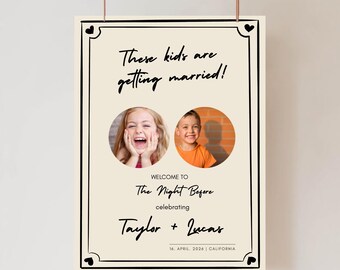 Estos niños se casan, cartel de bienvenida a la cena de ensayo con fotos, cartel de la noche anterior a la boda, plantilla de cartel de compromiso, Canva