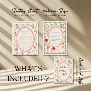 May include: Three wedding signs with decorative borders. The signs include a seating chart, a welcome sign, and a sign for cards and gifts. The signs have a cream background with pink and green accents and text.