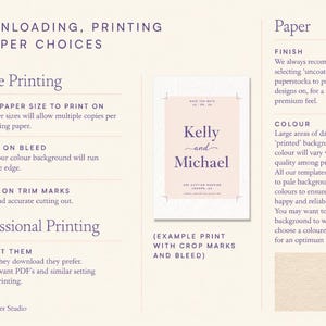 K&ouml;nnte beinhalten: Eine Anleitung mit dem Titel DOWNLOADING, PRINTING & PAPER CHOICES mit Text zum Drucken zu Hause und professionell, Papieroberfl&auml;che und Farbe. Enth&auml;lt einen Beispieldruck mit Schnittmarken und Beschnitt f&uuml;r Kelly und Michael.