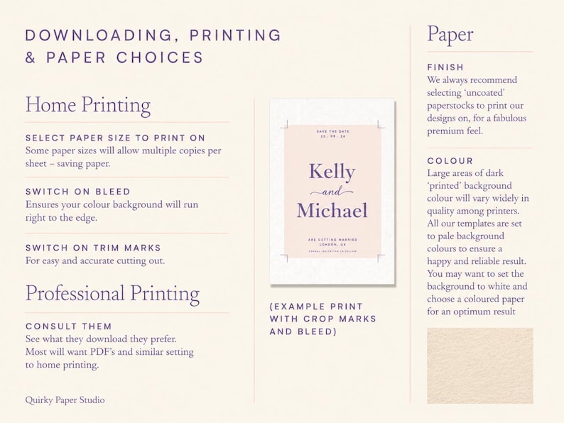 K&ouml;nnte beinhalten: Eine Anleitung mit dem Titel DOWNLOADING, PRINTING & PAPER CHOICES mit Text zum Drucken zu Hause und professionell, Papieroberfl&auml;che und Farbe. Enth&auml;lt einen Beispieldruck mit Schnittmarken und Beschnitt f&uuml;r Kelly und Michael.