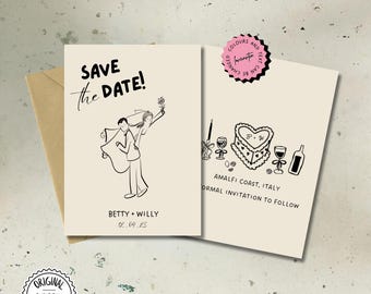 Op de afbeelding: Save the date-kaart met een zwart-witte illustratie van een stel. De tekst luidt "Save the Date!" en "Betty + Willy 12.04.25". De kaart bevat ook een zwart-witte illustratie van een hartvormige taart met de initialen "B+W" erop, wijnglazen en een fles wijn. De tekst luidt "Amalfi Coast, Italy Formal Invitation to Follow".
