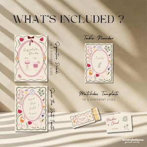 May include: A collection of wedding stationery templates, including signature drink signs, table numbers, and save-the-date cards. The designs feature floral borders, illustrations of drinks, and the text "What's Included?"