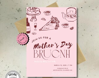 Handritad mall för mors dagsbrunch, redigerbara inbjudningar, utskrivbara frukostinbjudningar för mammor, brunchbjudningar för mammor,