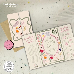 Könnte beinhalten: Hochzeitseinladungs-Suite mit hellbeigem Hintergrund. Die Einladung zeigt Illustrationen von Cocktails, Blumen und einer Discokugel. Der Text enthält "Alles, was Sie wissen müssen..." und "Wir heiraten!"