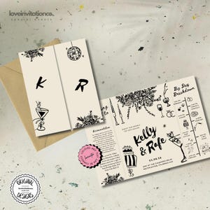 Può includere: Suite di inviti di nozze con sfondo crema e illustrazioni nere. L'invito presenta i nomi "Kelly & Rafe", la data e il luogo. Il design include una palla da discoteca, elementi floreali e una timeline "Big Day Breakdown".