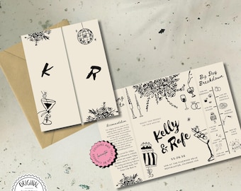 Editable Gatefold Invitation Template , Printable Foldable Invite QR Code Whimsical Trifold Wedding Invite Order of day Instant Download 3s