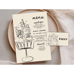 Marque-places avec menu pour mariage, modèle imprimable pour menu de mariage, menu de salle à manger de mariage, décoration de menu de mariage dessinée à la main, carte de nom de lieu pour mariage, 8b
