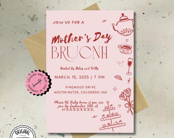 Handritad mall för mors dagsbrunch, redigerbara inbjudningar, utskrivbara frukostinbjudningar för mammor, brunchbjudningar för mammor,