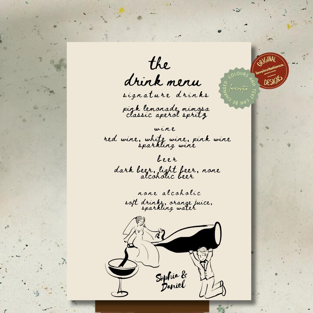 Hand Drawn Wedding Bar and Drinks Menu Template Bride Groom Editable ...