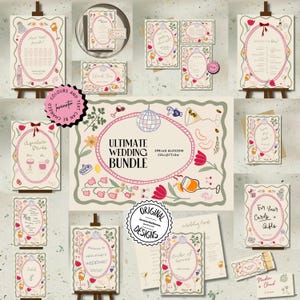 May include: A collection of wedding stationery with a floral and whimsical design. The set includes invitations, table cards, and signage with text like "Ultimate Wedding Bundle" and "Signature Drinks." The color palette features pink, green, and cream.