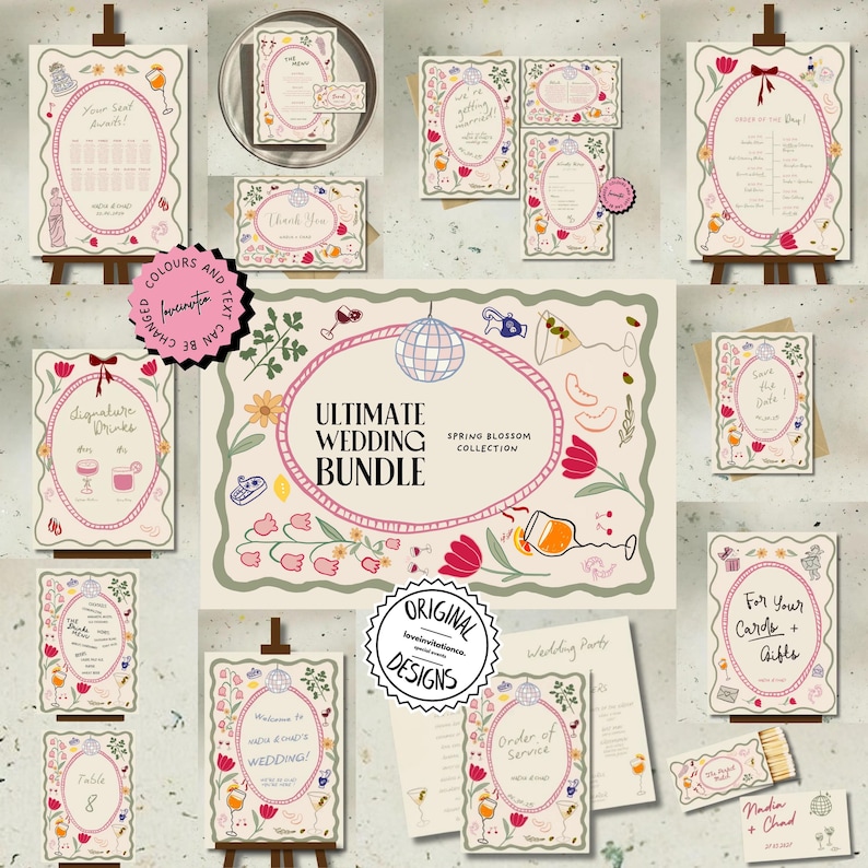 May include: A collection of wedding stationery with a floral and whimsical design. The set includes invitations, table cards, and signage with text like "Ultimate Wedding Bundle" and "Signature Drinks." The color palette features pink, green, and cream.