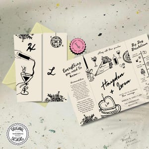 Hand Drawn Gatefold Wedding Invitation Template Whimsical Folded Wedding Invite with QR Code Printable Trifold Order of the day Invite 7k