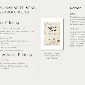May include: An instructional guide for downloading and printing wedding invitations. The text includes sections on home and professional printing, paper finish, and color. A central example print shows Sophia & Daniel with crop marks.