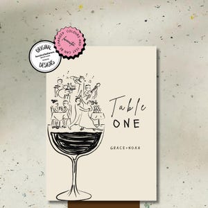 Pode incluir: Uma ilustração em preto e branco de uma taça de vinho com um grupo de pessoas dançando e tocando música dentro. O texto "Table One" e "Grace + Noah" está impresso abaixo da taça.