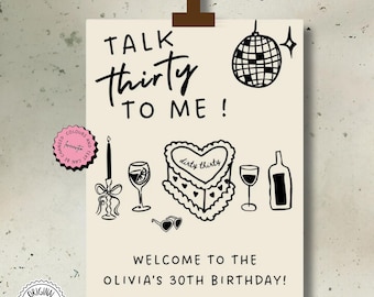 Printable Birthday Party Welcome Sign Template Hand Drawn 30th Decorations Talk Thirty To Me Welcome Sign Welcome Signage Party Decor