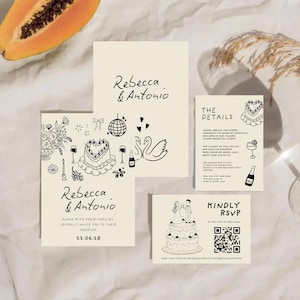 K&ouml;nnte beinhalten: Ein Set cremefarbener Hochzeitspapeterie mit schwarzen Strichzeichnungen eines herzf&ouml;rmigen Kuchens, Schw&auml;nen, einer Discokugel und Blumen. Die Karten enthalten den Text Rebecca & Antonio, The Details sowie Kindly RSVP mit einem QR-Code.