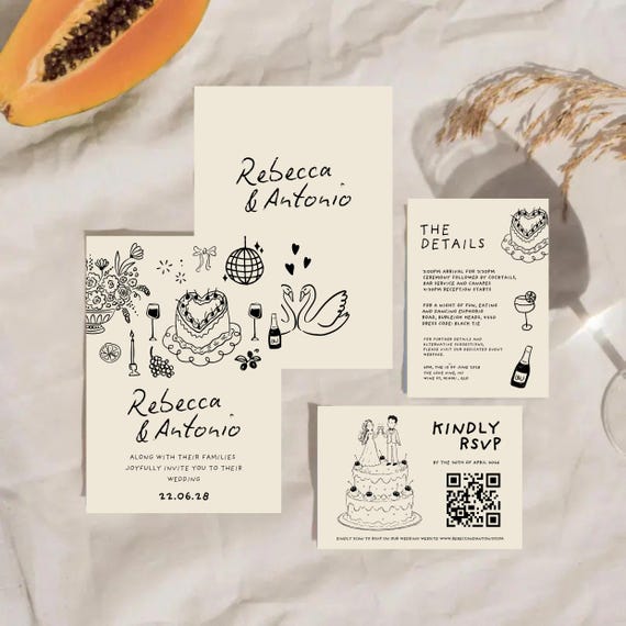Hand Drawn Wedding Invitation Template  Whimsical Wedding Suite Editable Canva Template Unique Illustrated Invite Instant Download
