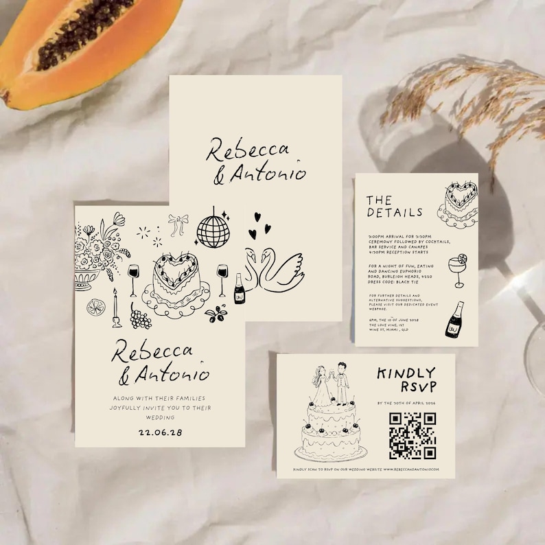 K&ouml;nnte beinhalten: Ein Set cremefarbener Hochzeitspapeterie mit schwarzen Strichzeichnungen eines herzf&ouml;rmigen Kuchens, Schw&auml;nen, einer Discokugel und Blumen. Die Karten enthalten den Text Rebecca & Antonio, The Details sowie Kindly RSVP mit einem QR-Code.