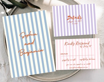 Handwritten Wedding Invitation Suite Colorful Wedding Invitation Detail Card RSVP Italian Summer invite Summer Vibe Pinstripe Wedding Invite