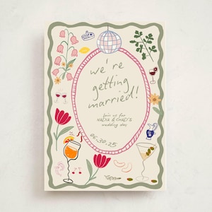 May include: A cream-colored wedding invitation card with a wavy green border. The center features a pink oval frame containing the text 'we're getting married!', 'join us for NADIA & CHAD'S wedding day', and '06.30.25'. Illustrations include a disco ball, flowers, and cocktails.