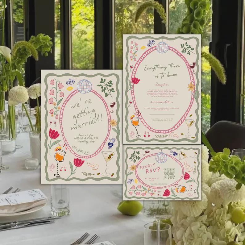 May include: Wedding invitation suite with three cards. The main invitation reads "we're getting married!" inside a pink oval, surrounded by floral and cocktail illustrations. The other cards say "Everything there is to know" and "Kindly RSVP".
