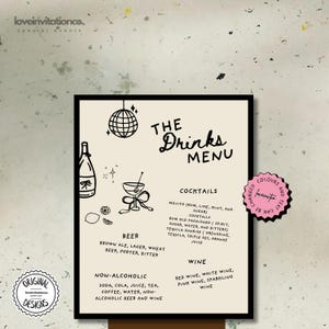 Signature Drinks Sign Template Personalized Hand Drawn Drink Sign Editable Wedding Bar Menu Drinks Custom Cocktails Bar Sign 90s