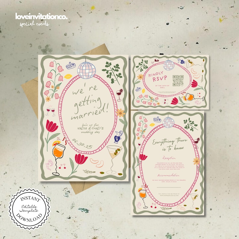 Op de afbeelding: Trouwuitnodigingsset met een grillig ontwerp. De hoofdpas zegt "we're getting married!" in een ovale lijst met bloemen- en cocktailillustraties. Inclusief RSVP- en informatiekaarten. Met de tekst "Instant Editable Template Download".