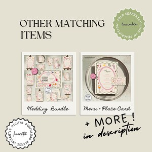 Op de afbeelding: Twee afbeeldingen in polaroidstijl met trouwbriefpapier. De linker afbeelding toont een trouwpakket met diverse kaarten en labels. De rechter afbeelding toont een menu en een naamkaartje. Beide hebben bloemen- en fruitontwerpen met de tekst "Wedding Bundle" en "The Menu".