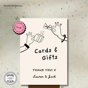 Modelo de placa para cartões de casamento e presentes, placas desenhadas à mão para cartões de presente, placas para impressão, placas para cartões de presente editáveis e1