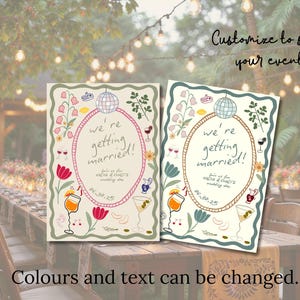 Op de afbeelding: Twee trouwuitnodigingskaarten met de tekst "we're getting married!" in een ovale lijst, omringd door bloemen- en cocktailillustraties. De kaarten zijn cr&egrave;mekleurig met een decoratieve rand en de tekst "Kleuren en tekst kunnen worden gewijzigd."