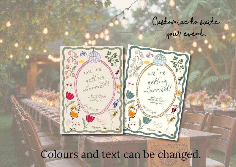Op de afbeelding: Twee trouwuitnodigingskaarten met de tekst "we're getting married!" in een ovale lijst, omringd door bloemen- en cocktailillustraties. De kaarten zijn cr&egrave;mekleurig met een decoratieve rand en de tekst "Kleuren en tekst kunnen worden gewijzigd."