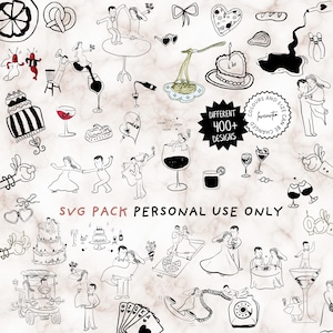May include: A collection of black and white line art illustrations on a marble background. The drawings depict wedding-themed elements such as cakes, couples, wine glasses, and hearts. Text includes "Different 400+ Designs" and "SVG Pack Personal Use Only."