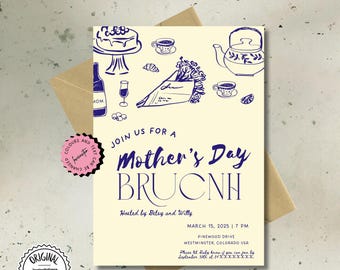 Handritad mall för mors dagsbrunch, redigerbara inbjudningar, utskrivbara frukostinbjudningar för mammor, brunchbjudningar för mammor,