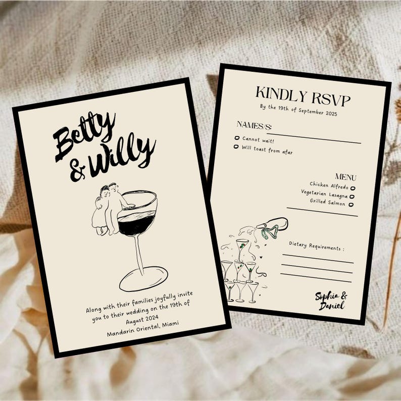 May include: A wedding invitation with a black and white illustration of a couple sitting on a wine glass. The text on the invitation reads "Betty & Willy" and includes the wedding date, location, and RSVP information.