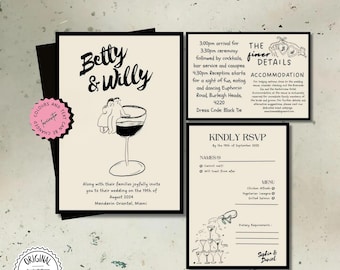 Editable Wedding Invitation Template, Printable Invitation Suite, Digital Unique Hand Drawn Invite Whimsical Invite Instant Download Canva
