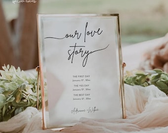 Plantilla de letrero "Nuestra historia de amor", Primer día, Día del sí, Mejor día, Letrero de boda minimalista imprimible, Letrero de línea de tiempo para parejas, Tarjeta "Nuestra historia de amor"